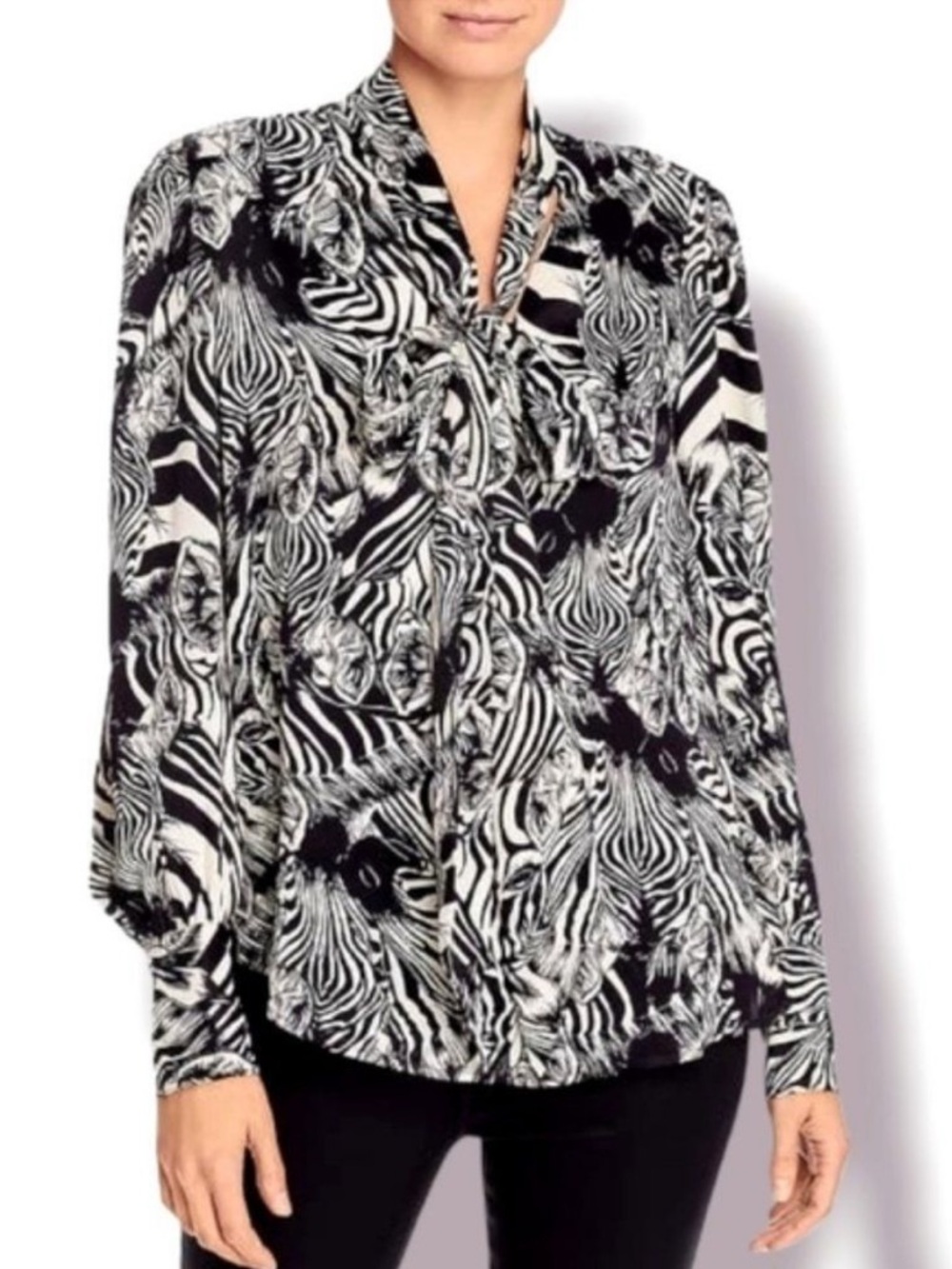 7 For All Mankind Zebra Print Tie-Neck Long Sleeve Blouse Black White
